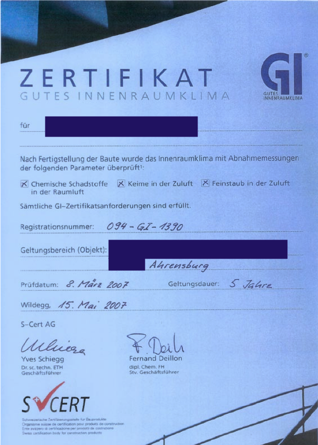 Zertifikat S-Cert &uuml;ber gesunde Raumluft